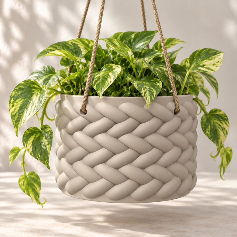 Cream Braido rope hanging planter with trailing variegated foliage against a sunlit neutral background