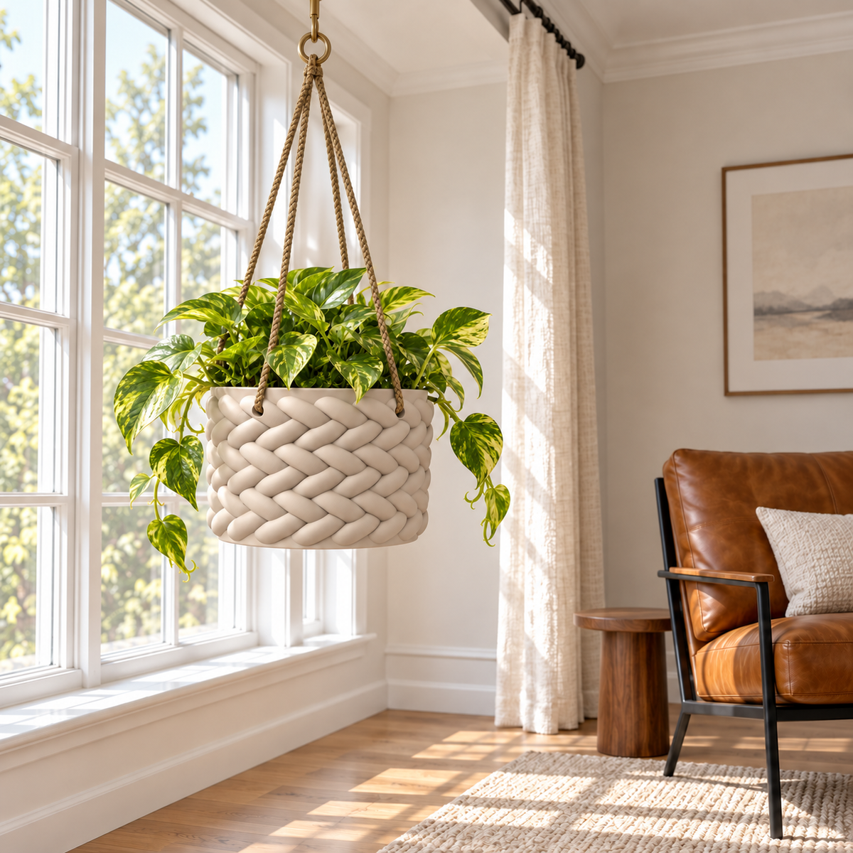Braido rope hanging planter with trailing foliage displayed in a bright neutral interior