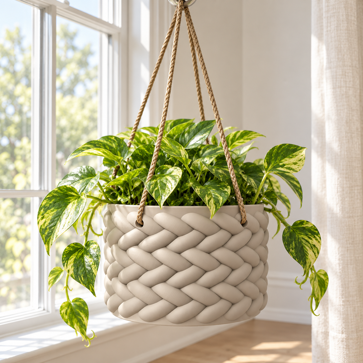 Cream woven hanging planter with variegated foliage suspended beside a bright window