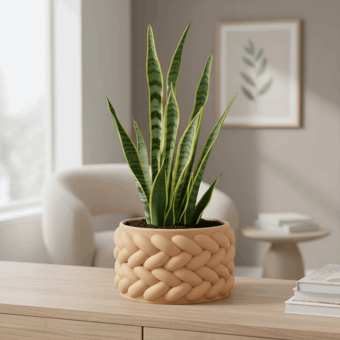"Braido" Planter – 3D Printed Woven Pot with Saucer, Textured Modern Design for Indoor Plants