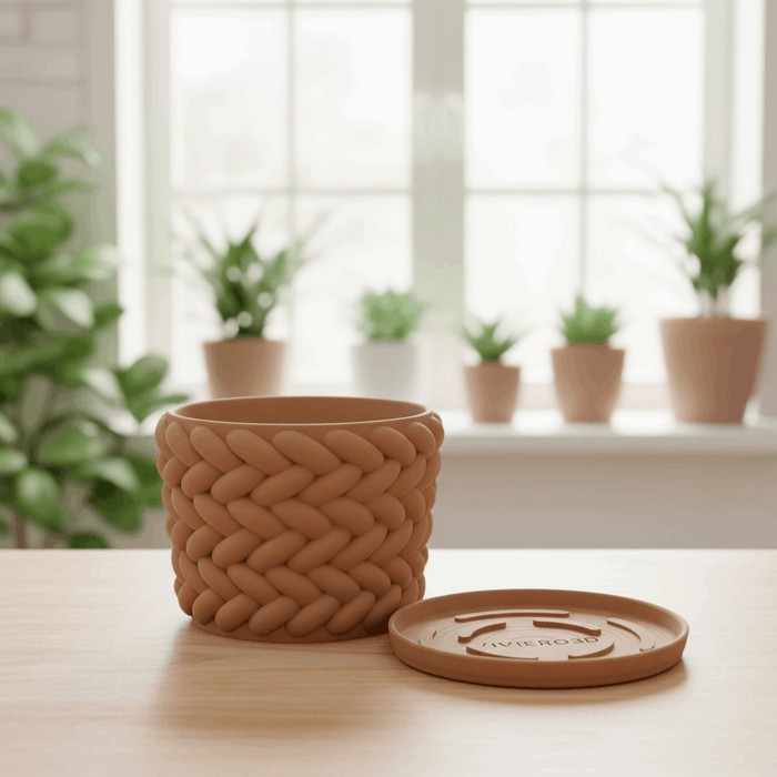 "Braido" Weave Planter – 3D Printed Braided Flower Pot with Drainage + Saucer | Modern Terracotta Planter for Succulents or Houseplants