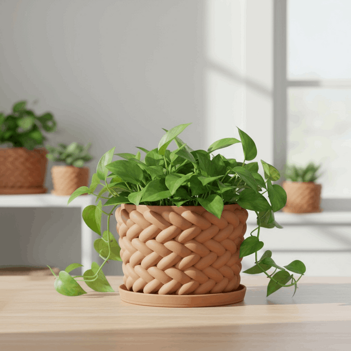 "Braido" Weave Planter – 3D Printed Braided Flower Pot with Drainage + Saucer | Modern Terracotta Planter for Succulents or Houseplants