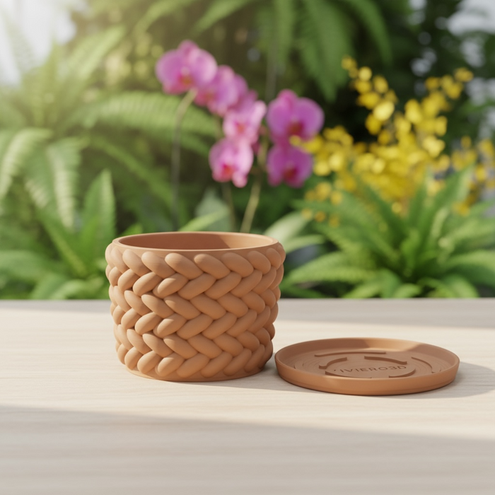 Braido Weave Planter – 3D Printed Braided Flower Pot with Drainage + Saucer | Modern Terracotta Planter for Succulents or Houseplants