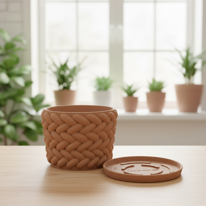 Braido Weave Planter – 3D Printed Braided Flower Pot with Drainage + Saucer | Modern Terracotta Planter for Succulents or Houseplants