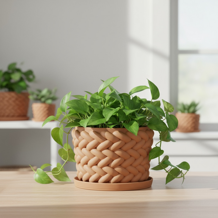 Braido Weave Planter – 3D Printed Braided Flower Pot with Drainage + Saucer | Modern Terracotta Planter for Succulents or Houseplants