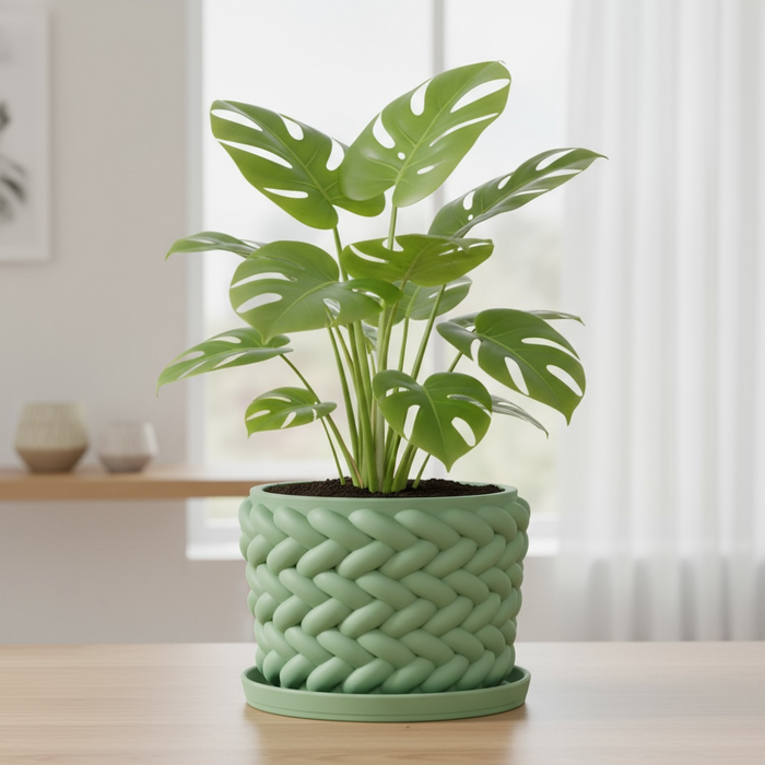 Braido Weave Planter – 3D Printed Braided Flower Pot with Drainage + Saucer | Modern Terracotta Planter for Succulents or Houseplants