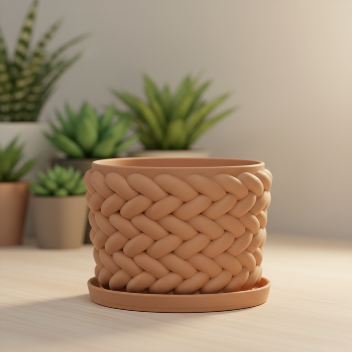 Braido Weave Planter – 3D Printed Braided Flower Pot with Drainage + Saucer | Modern Terracotta Planter for Succulents or Houseplants