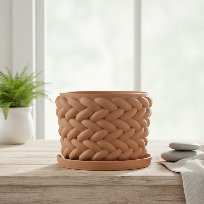 Braido Weave Planter – 3D Printed Braided Flower Pot with Drainage + Saucer | Modern Terracotta Planter for Succulents or Houseplants