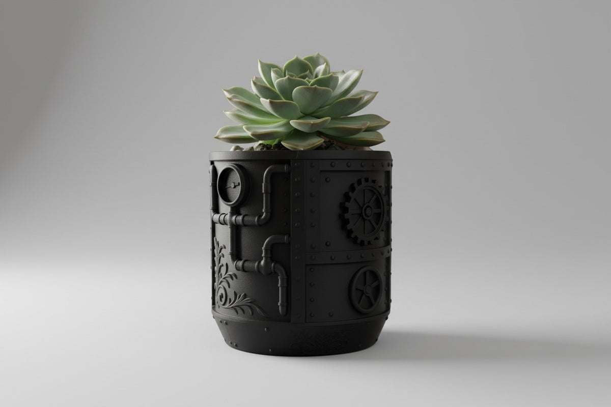 Brassel layered mechanical relief with a sculptural industrial profile indoor planter, side view