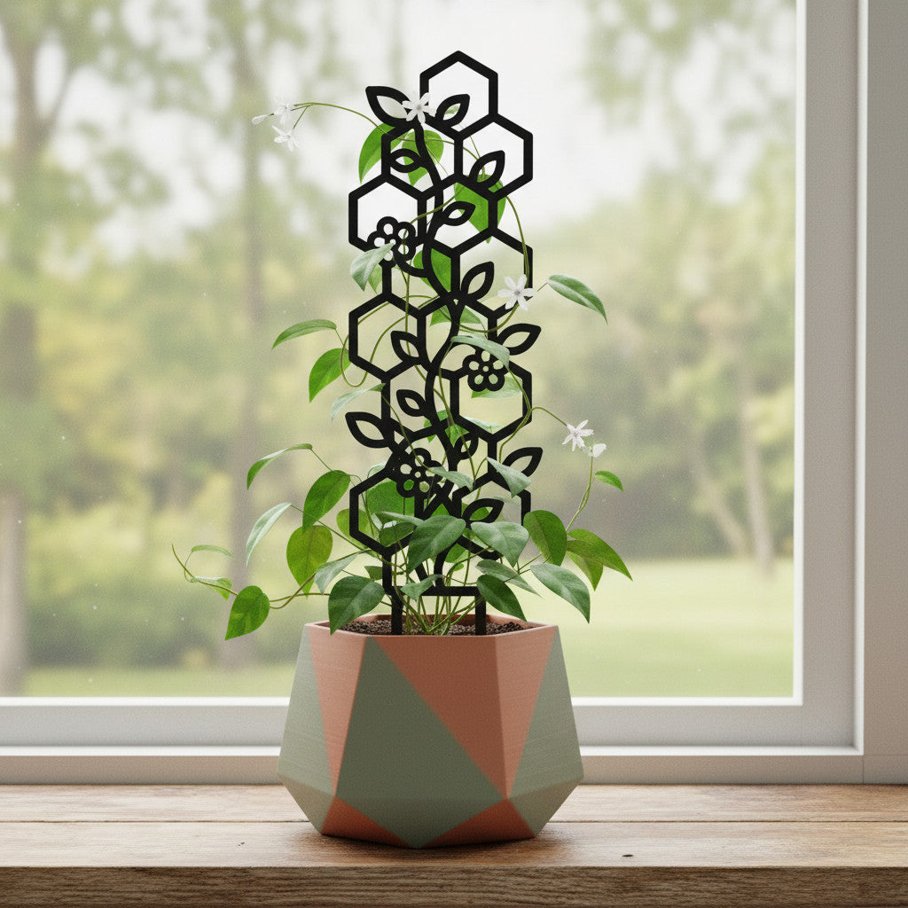Cell cellular geometric plant trellis for indoor climbing plants, front view