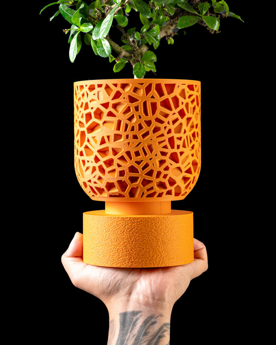 Cella lattice pedestal planter shown in hand for visual scale
