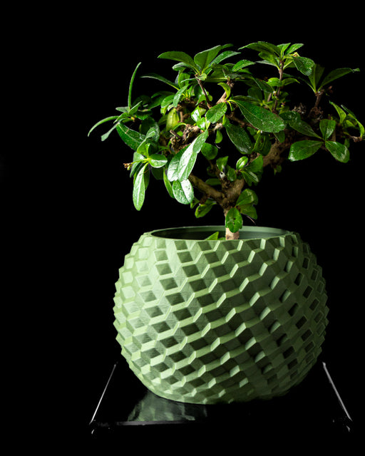 Cobble geometric round planter styled with an indoor plant
