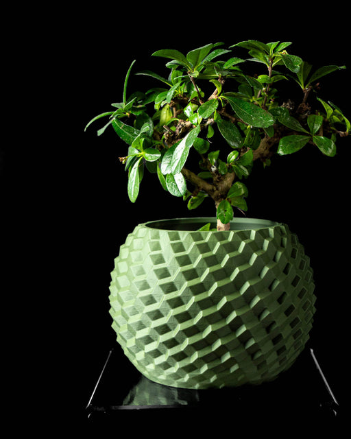 Cobble geometric round planter styled with an indoor plant