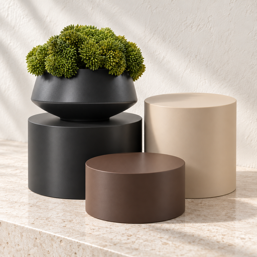 Three cylinder plant stands in black, beige and brown, with a black planter and green plant on the black stand.