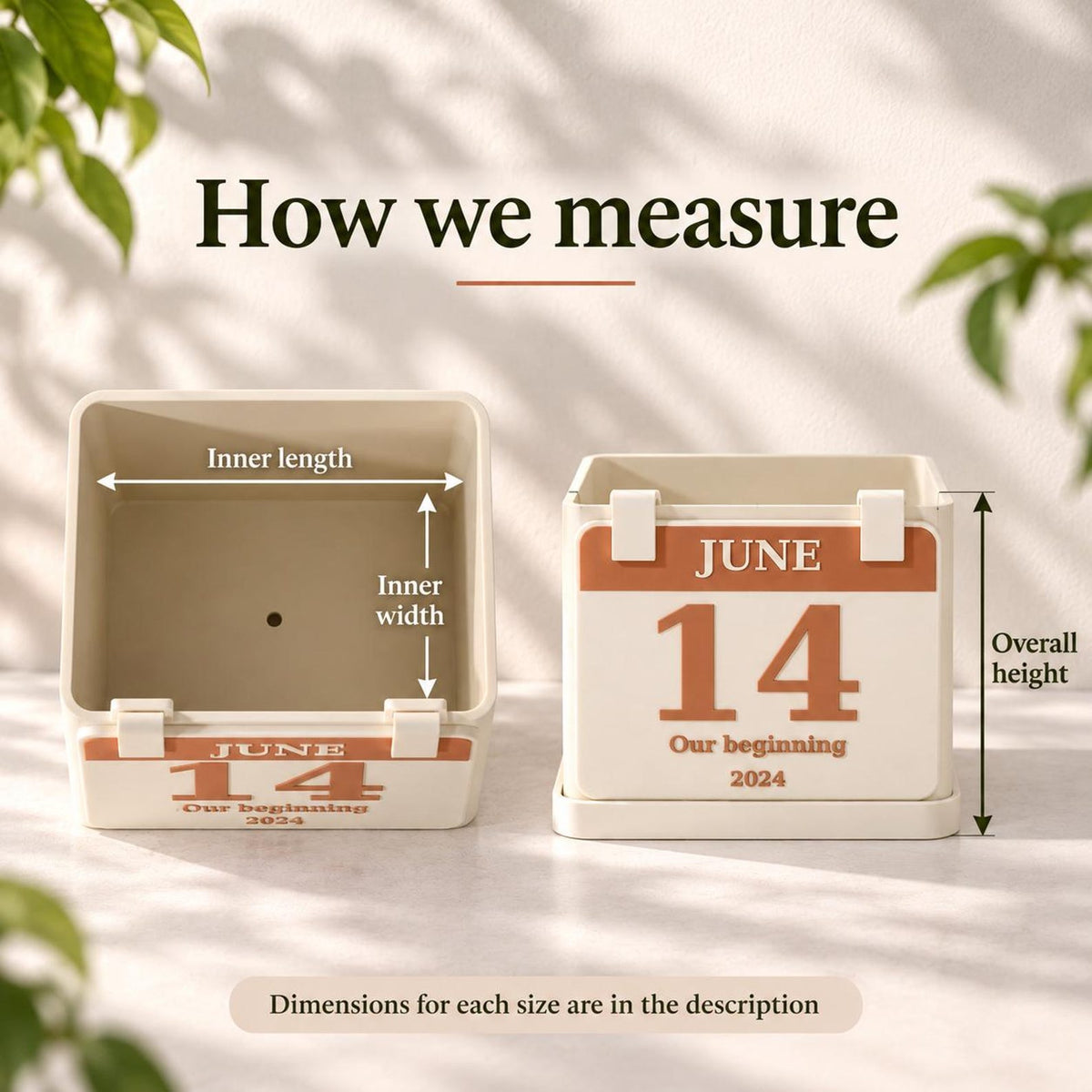 Measurement guide showing internal length and width and overall height of the calendar planter.