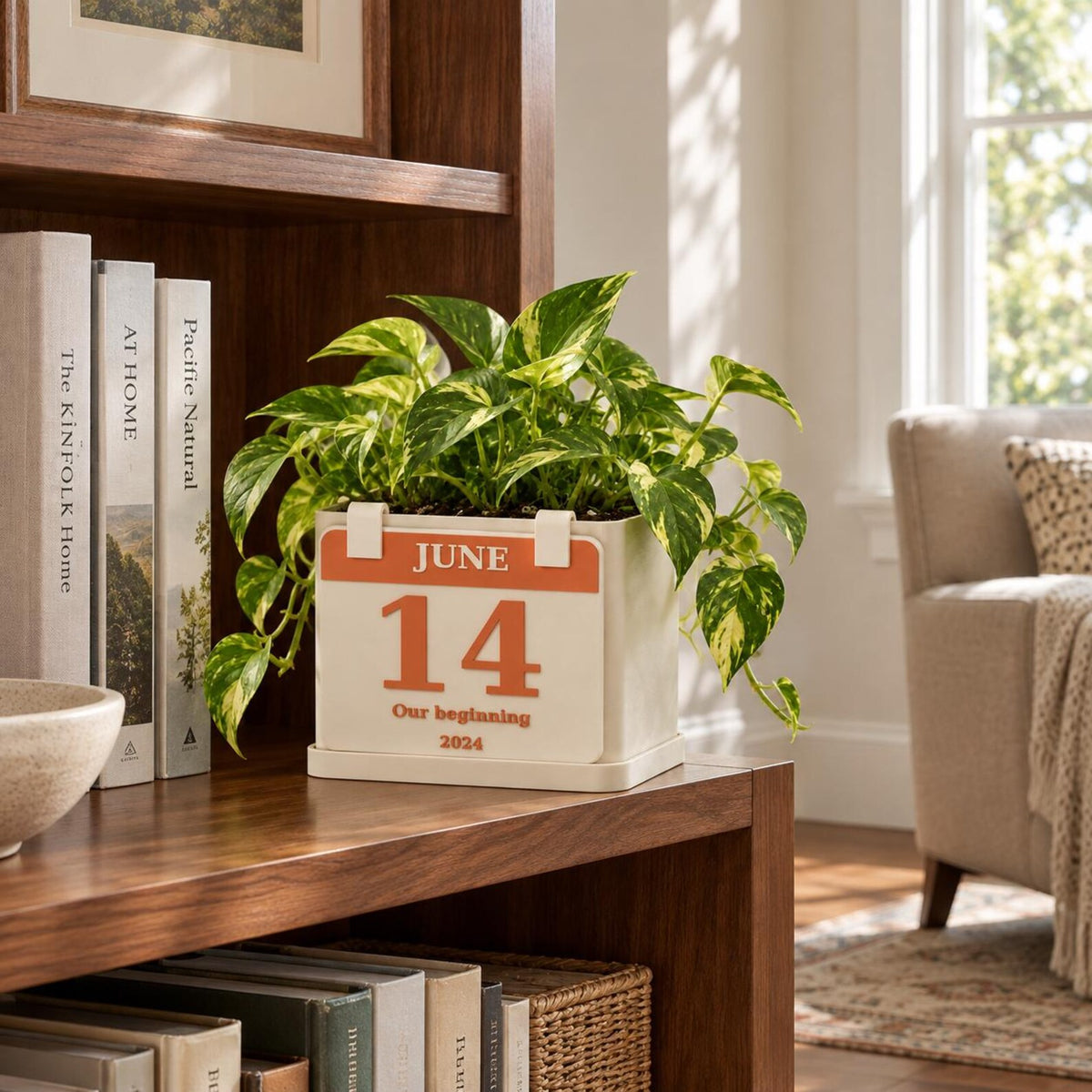 Personalized June calendar planter with variegated pothos on a wooden table in a bright living room.