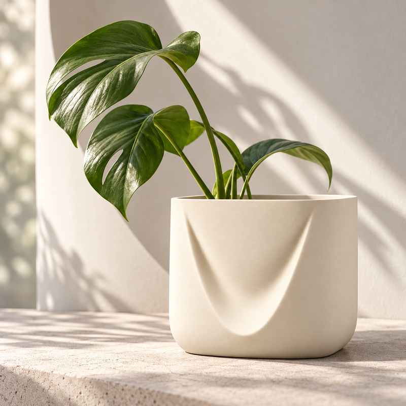 Cream White Drape planter with green foliage, a square opening and a sculptural draped front.