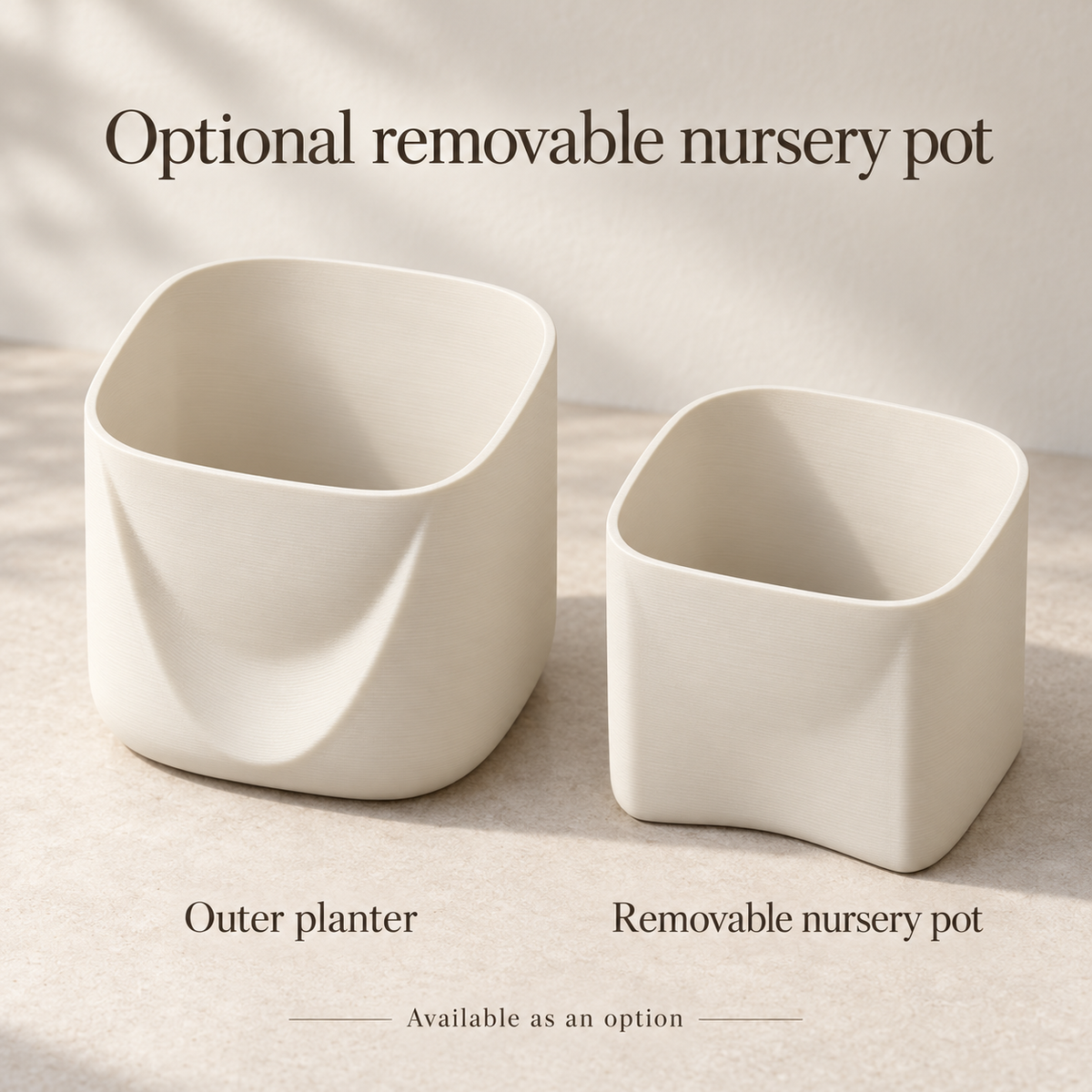 Drape outer planter beside its optional removable matching nursery insert.