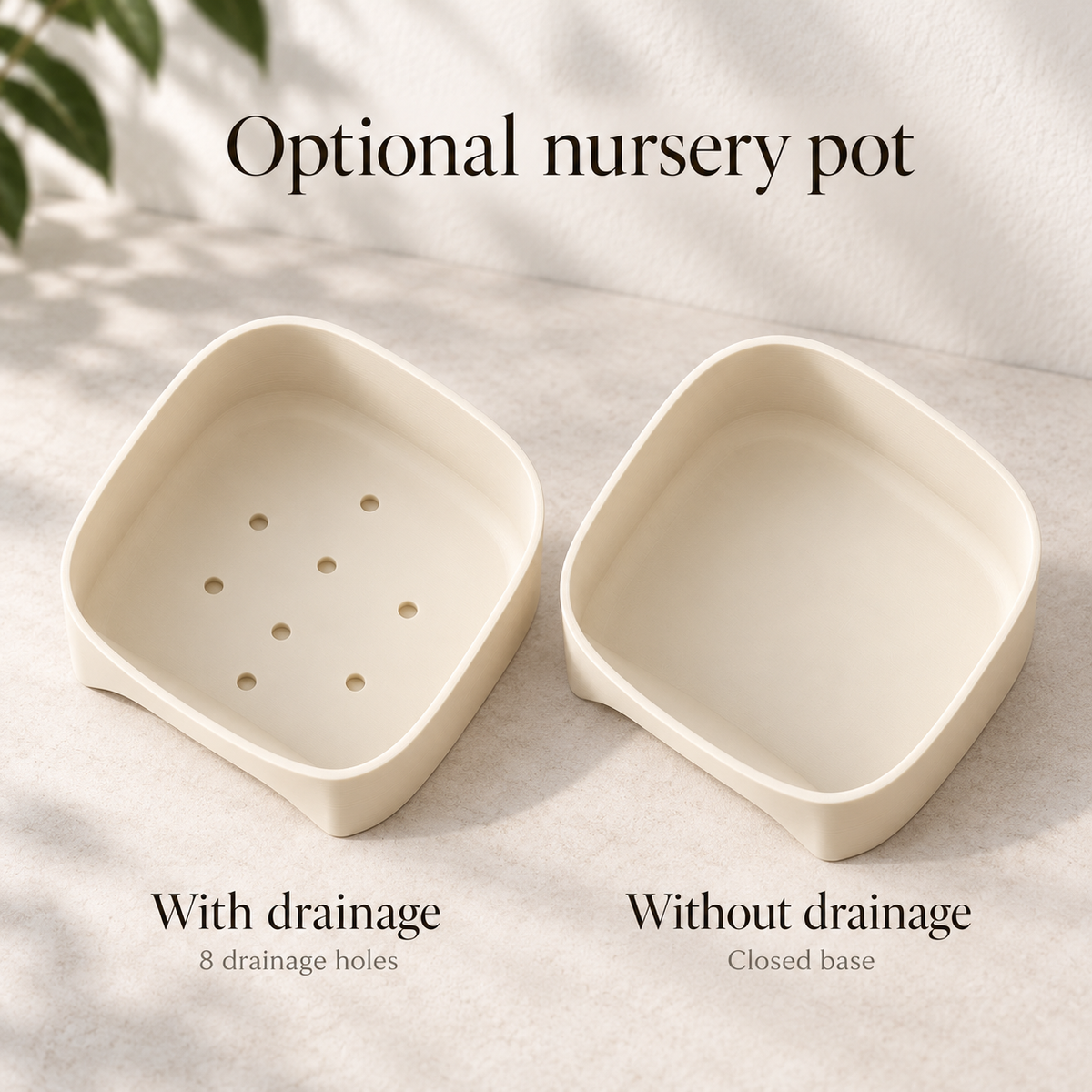 Drape nursery inserts compared: eight drainage holes or a closed base without drainage.