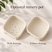 Drape nursery inserts compared: eight drainage holes or a closed base without drainage.