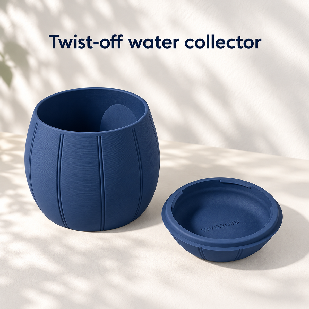 Duoro planter body beside its detached matching water collector, showing the twist-lock connection.