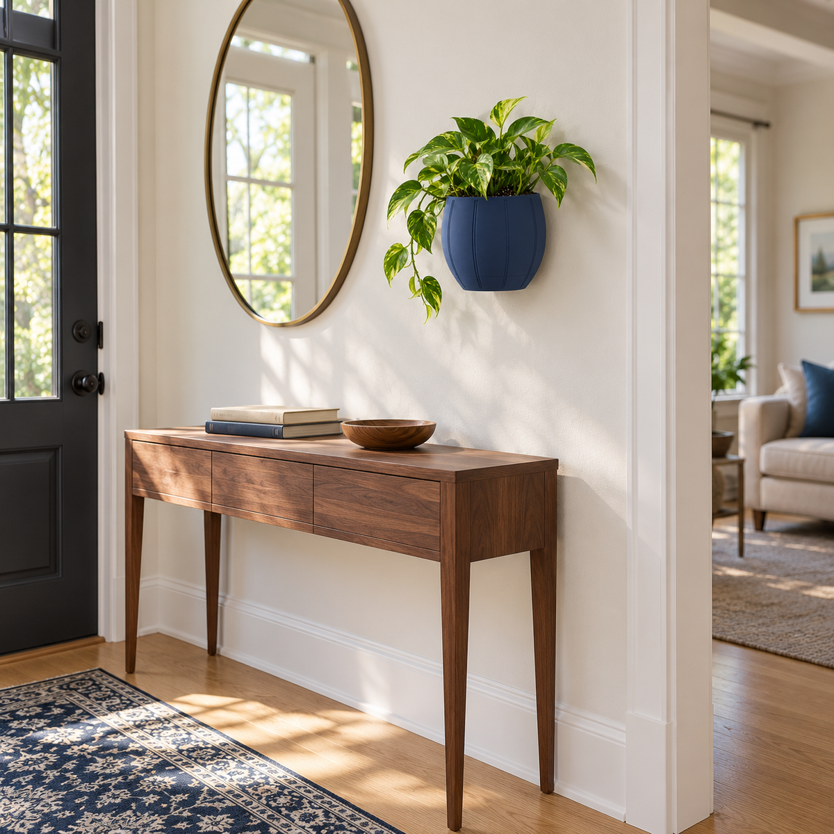 Navy Duoro wall planter with golden pothos in a bright entryway beside a mirror and wooden console.