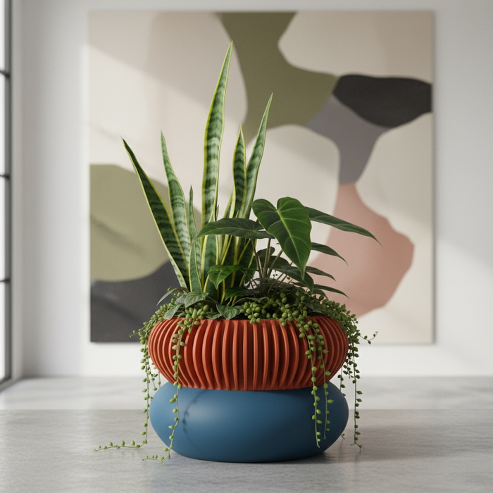 3D Printed “Elomi” Planter – Sculptural Pot with Ribbed Upper Design, Single or Two-Color Option
