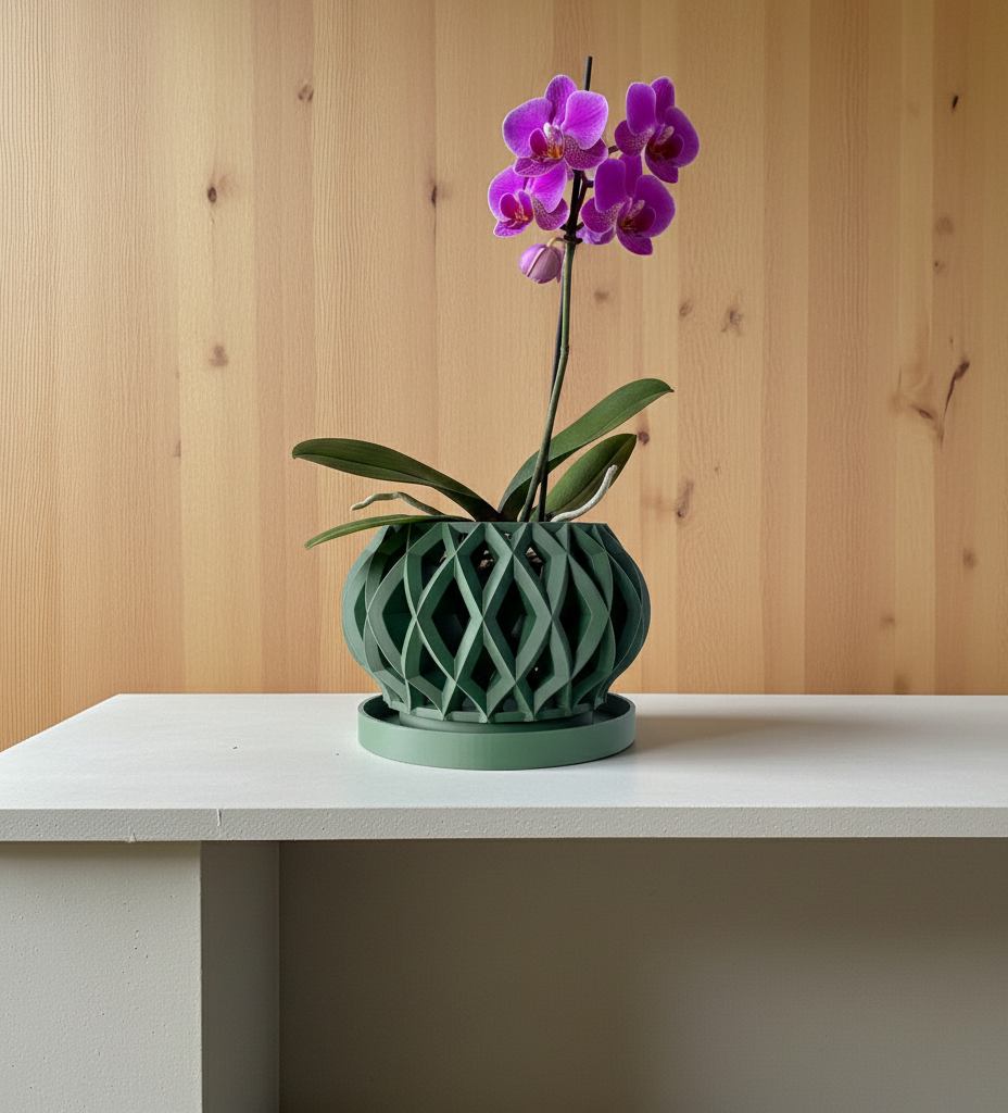 Elson diamond lattice ventilated orchid pot, side view