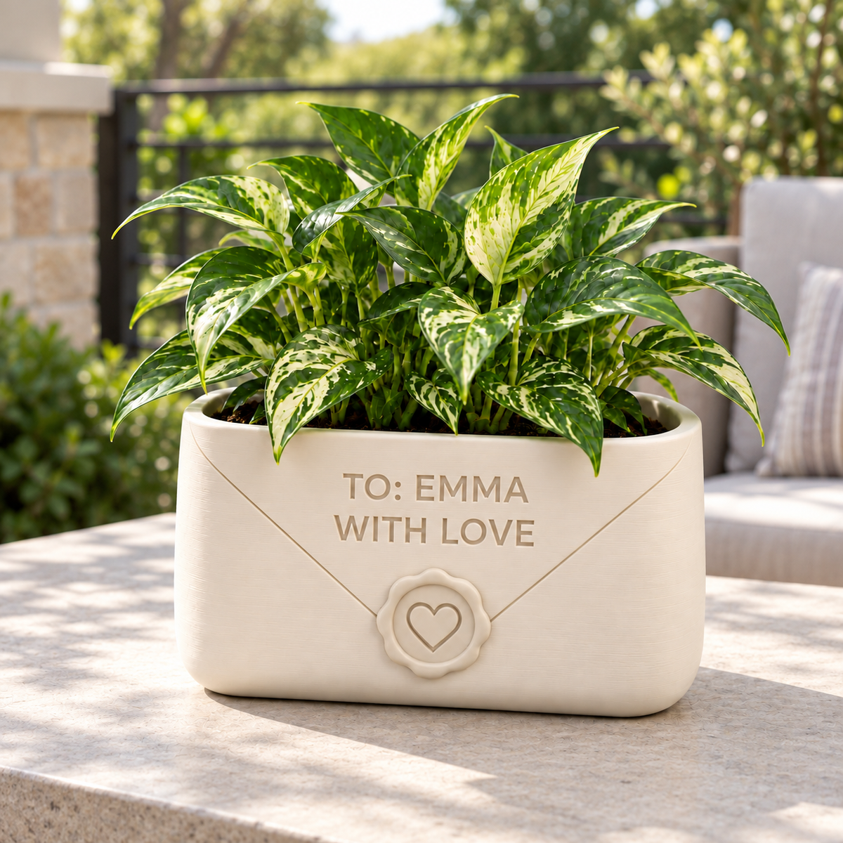 Cream Envio envelope planter with a heart seal, personalized message and a variegated plant on a patio table.