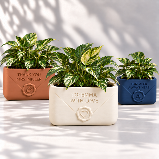 Three Envio envelope planters in cream, terracotta and navy, with personalized messages and heart, feather and initial seals.
