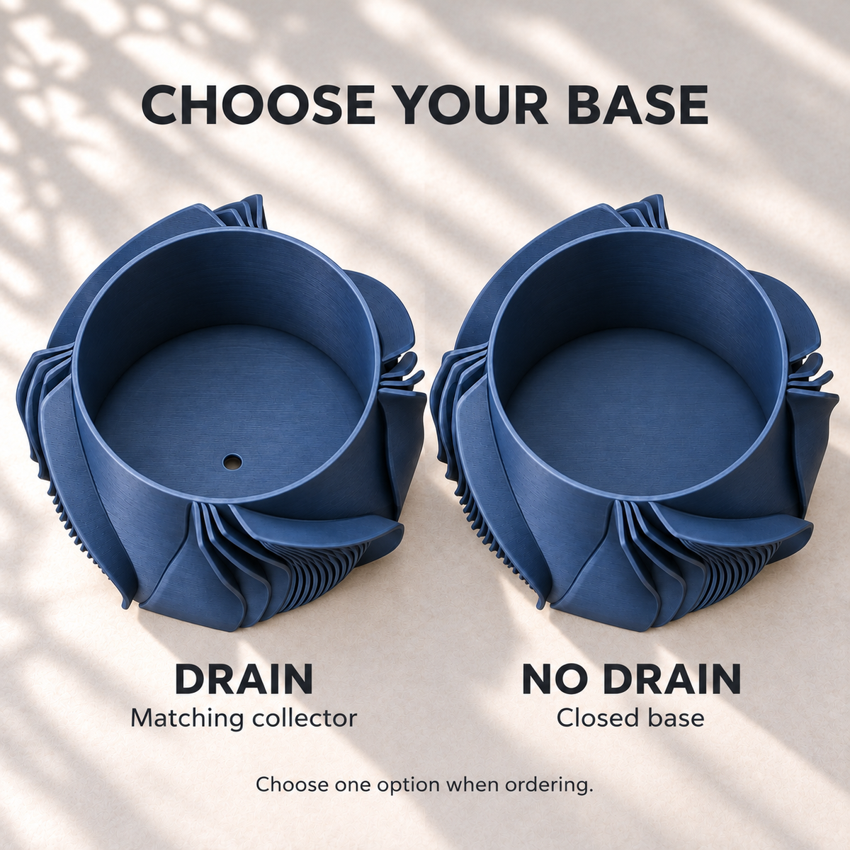 Fano base options compared: drainage opening with matching collector, or a closed base without drainage.