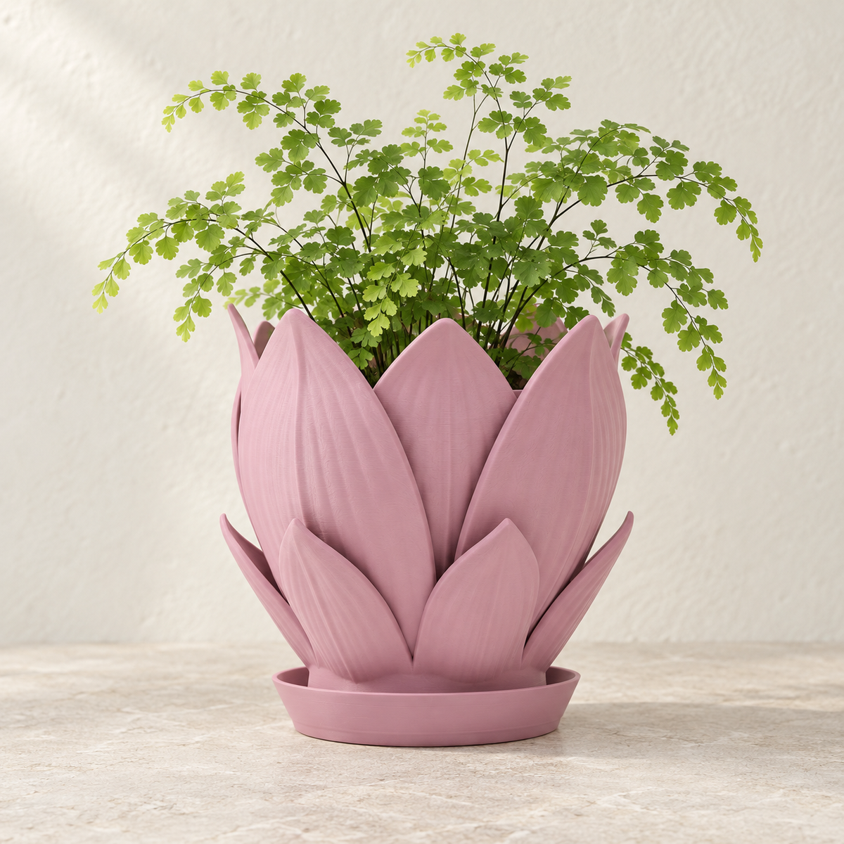 Florenn sculptural planter with layered petal form around the planting opening