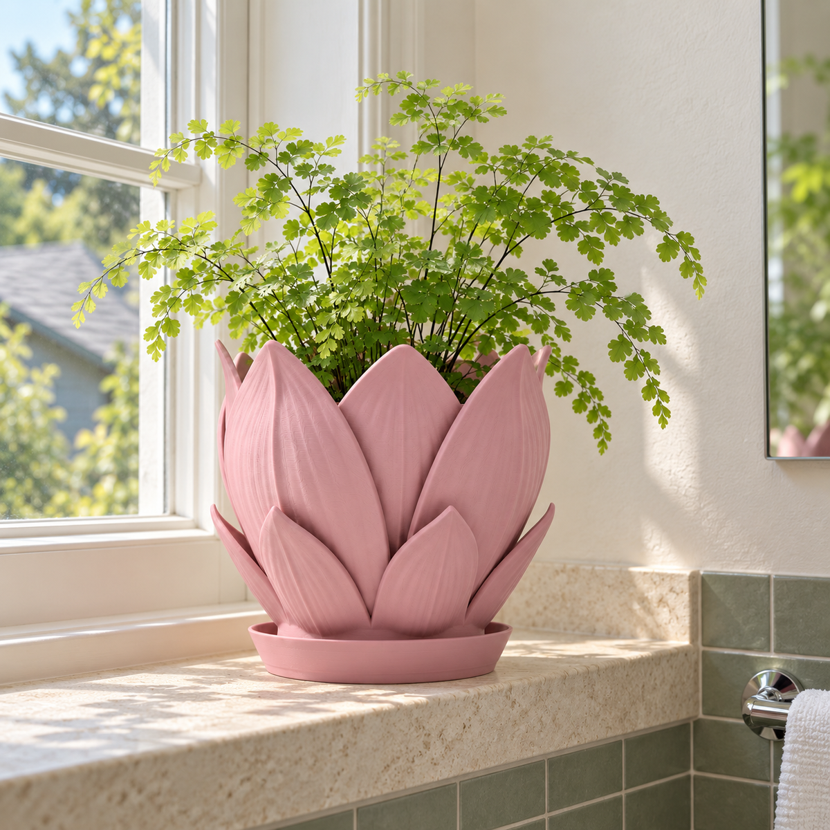 Florenn sculptural planter with detailed layered petal form around the planting opening