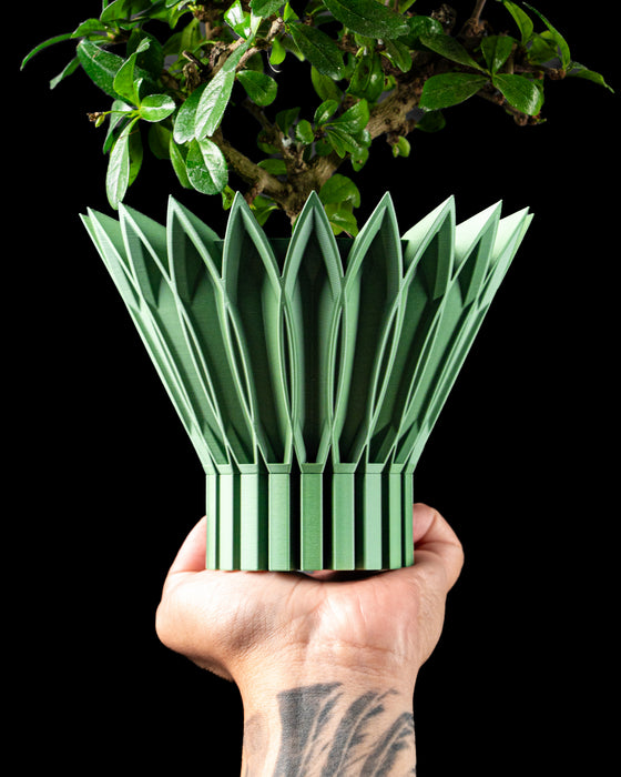 Florix botanical indoor planter with flared petal crown and round planting vessel