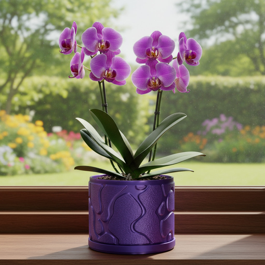 Flow continuous wave-like ridges with a smooth planting opening indoor planter, drainage tray view