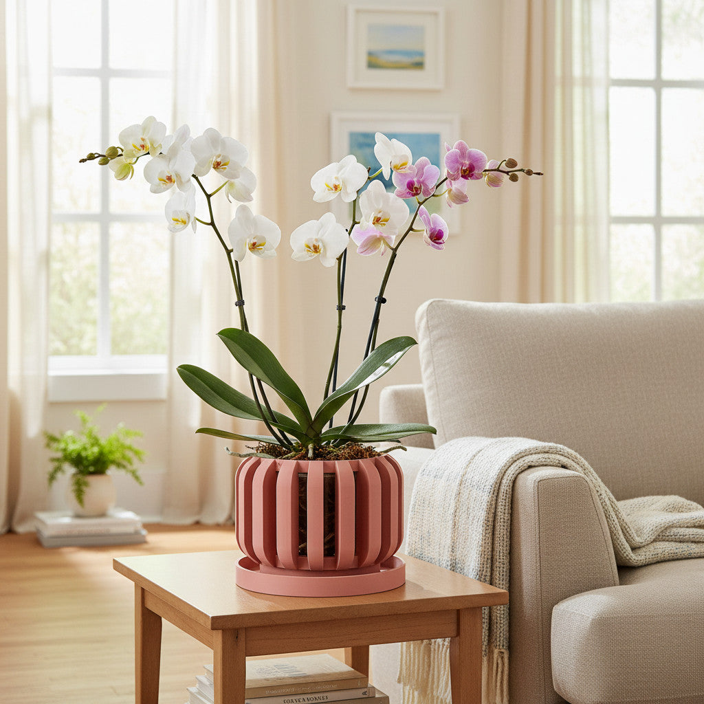 Frenor architectural openwork ventilated orchid pot, side view