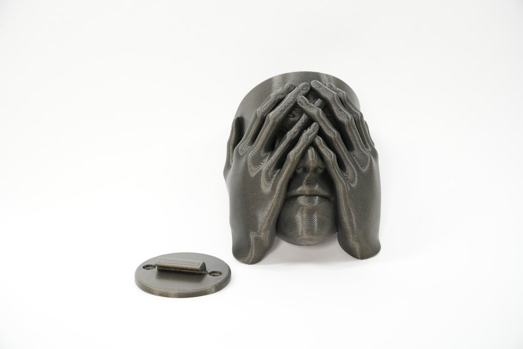 Front view of a sculptural face wall planter shown with its separate wall mounting plate