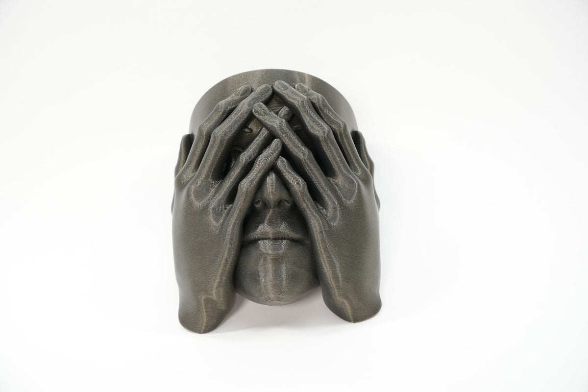 Front view of a sculptural face wall planter with layered hands covering the face