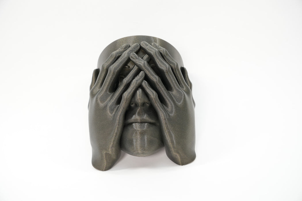 Front view of a sculptural face wall planter with layered hands covering the face