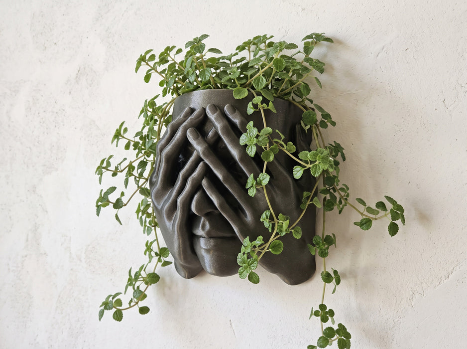 Sculptural face wall planter mounted with a trailing indoor plant as modern plant wall decor