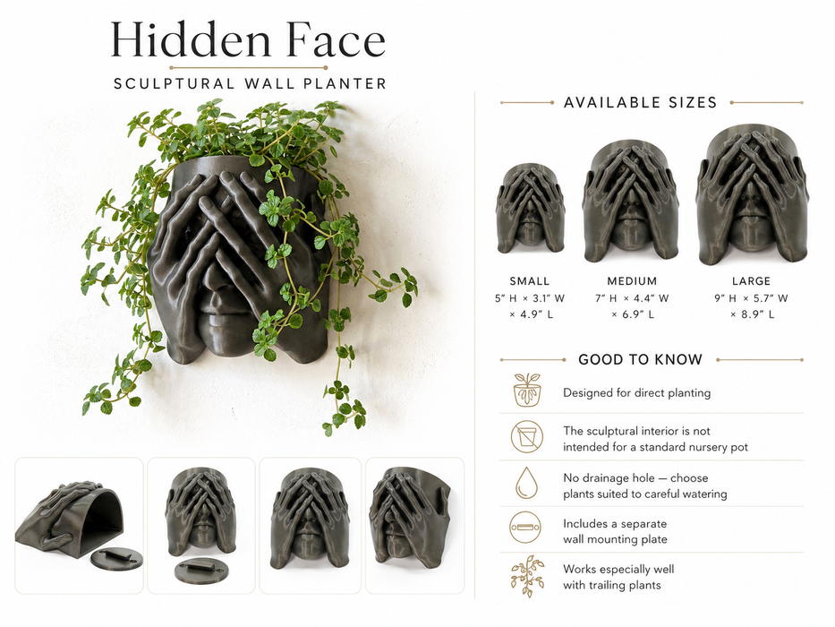 Hidden Face sculptural wall planter size guide with Small Medium Large dimensions, direct planting, no drainage and wall mounting information