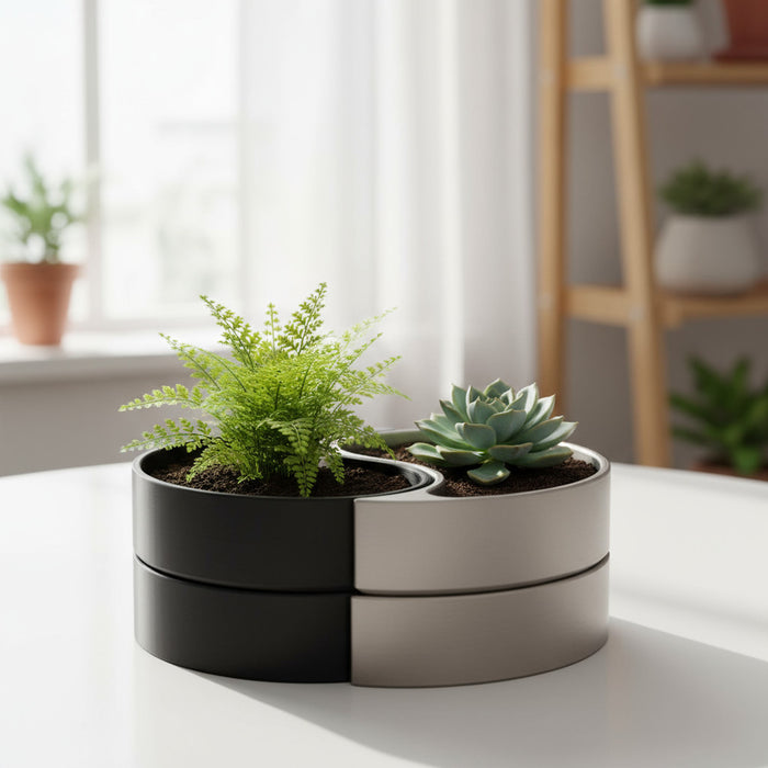Planter Pot "Yin-Yang" with Drainage | Modern 3D Printed Dual Plant Indoor Decor