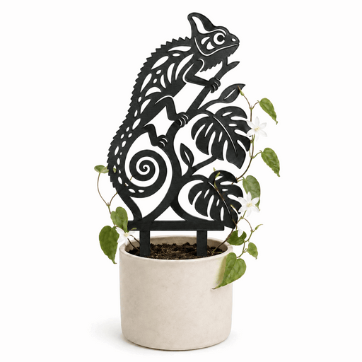 Kameo chameleon plant trellis in a cream planter supporting a flowering climbing vine