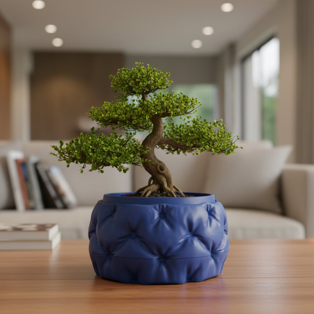 Kivu low rounded form with a sculpted padded texture bonsai planter, indoor display view