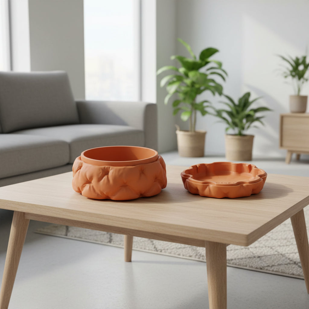 Kivu low rounded form with a sculpted padded texture bonsai planter, base and drainage view