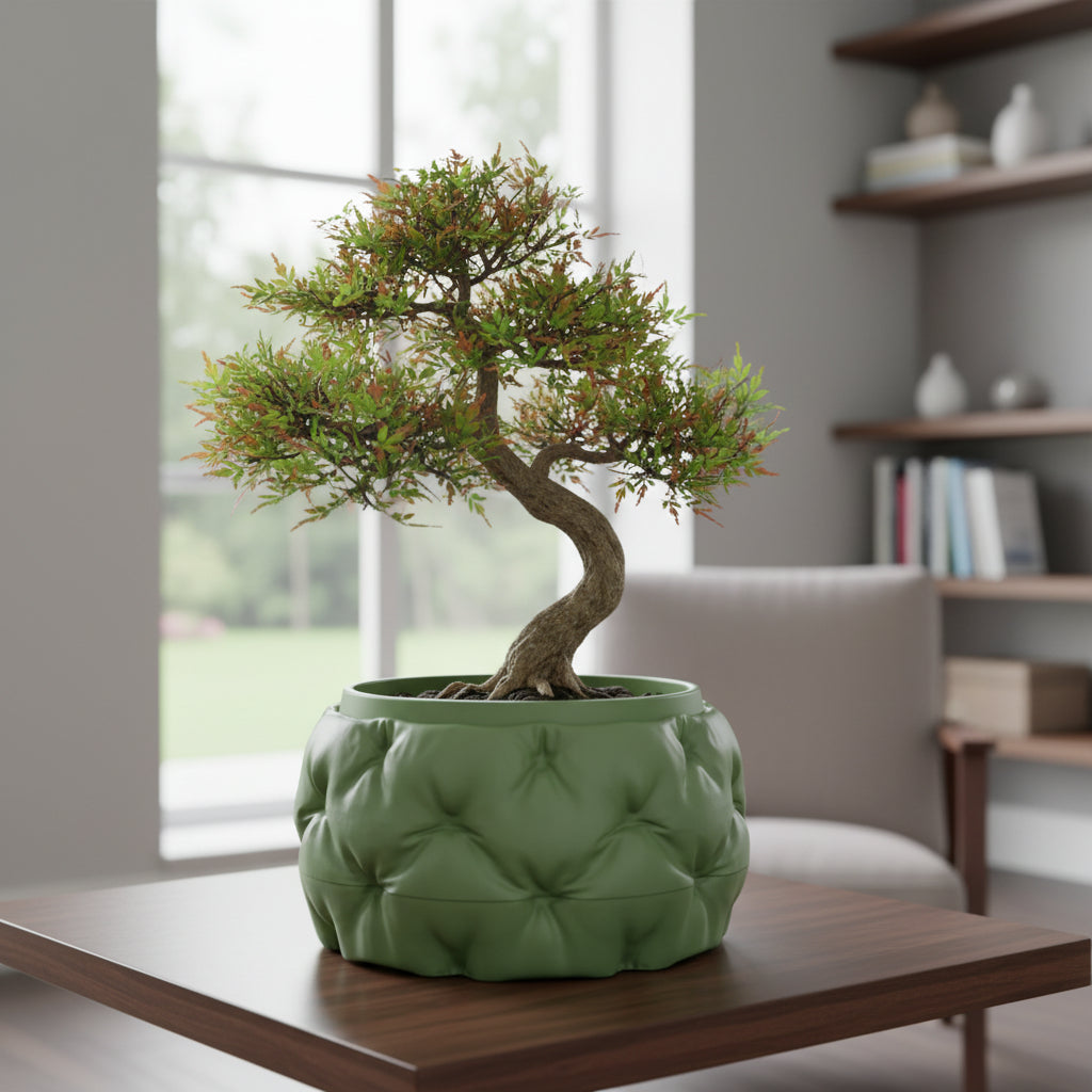 Kivu low rounded form with a sculpted padded texture bonsai planter, side view