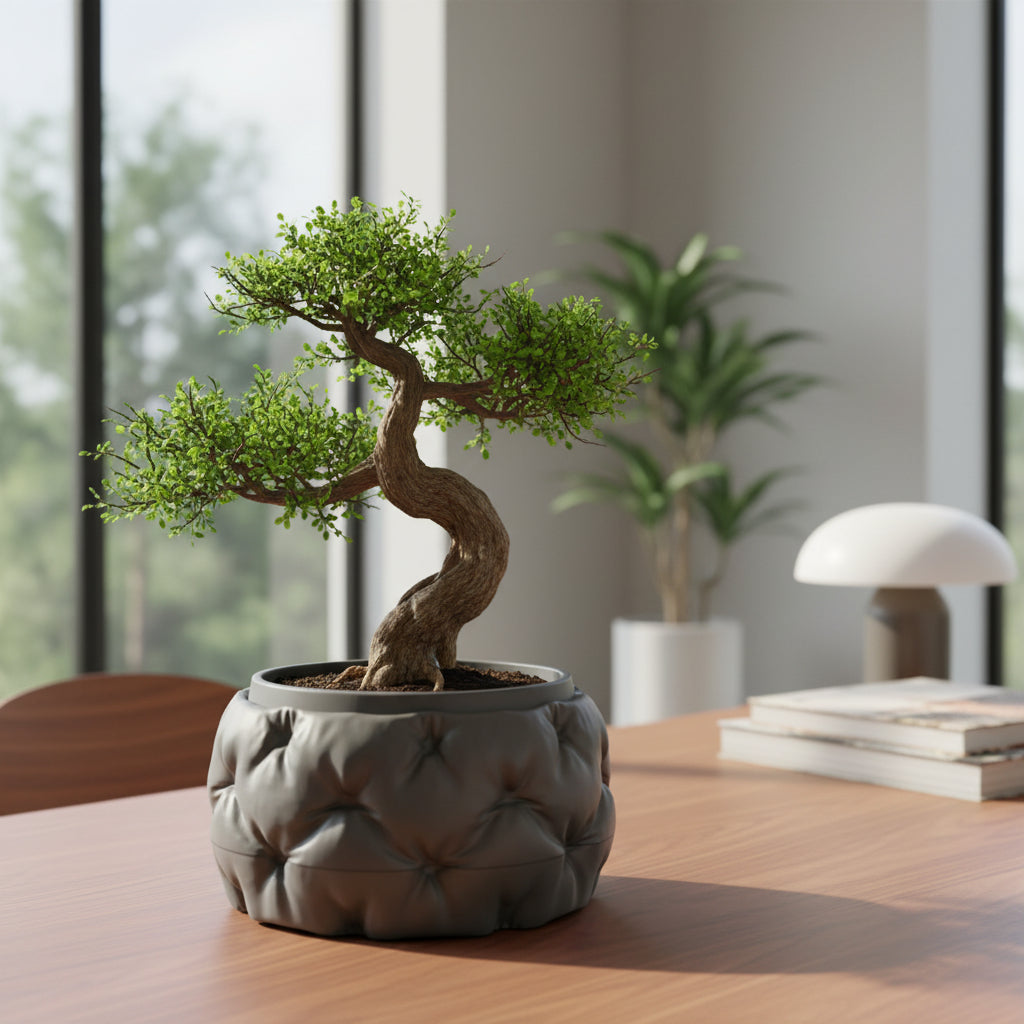 Kivu low rounded form with a sculpted padded texture bonsai planter, top opening view