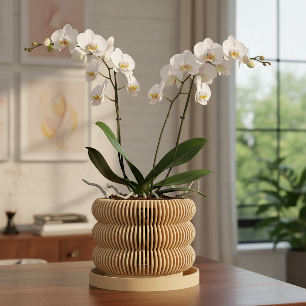 Kurga tiered vertical slats ventilated orchid pot, side view