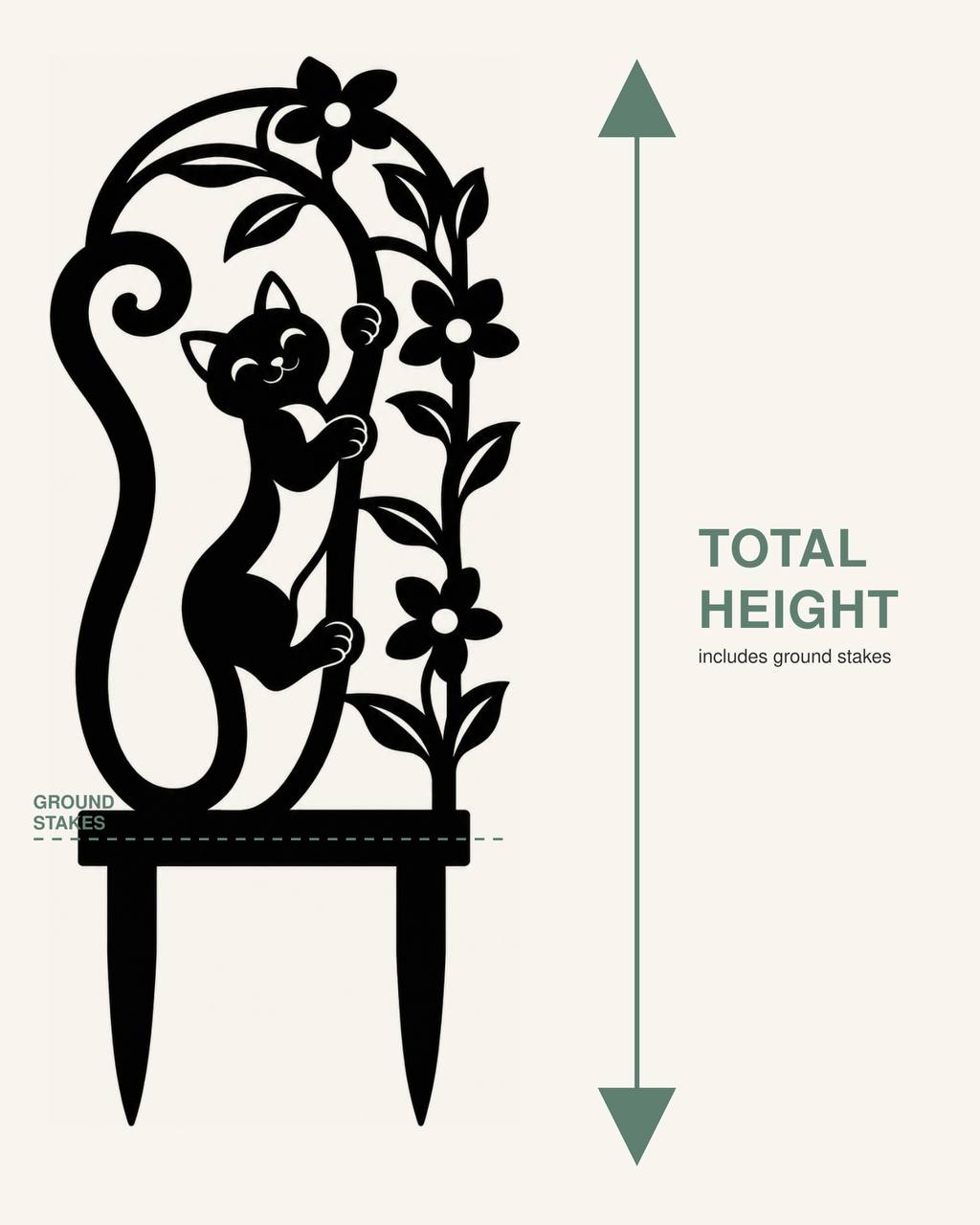 Miora cat plant trellis size guide showing total height includes ground stakes
