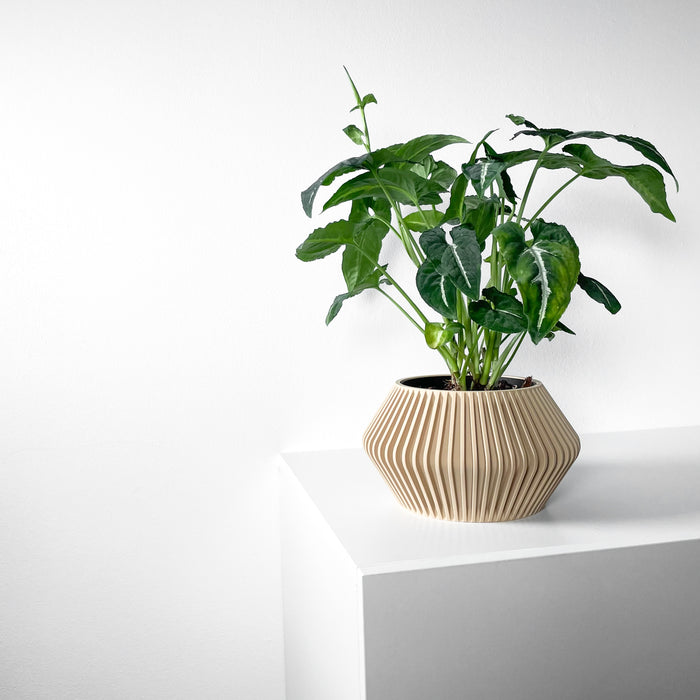 Stylish beige plant pot made with 3D printing | unique wavy ribbed form for artistic interiors | perfect for modern homes